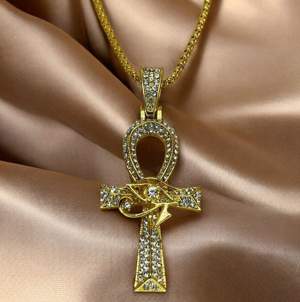 Gold Tone Crystal Ahnk Cross Pendant Necklace 23” Style Faith Bling Shiny NEW